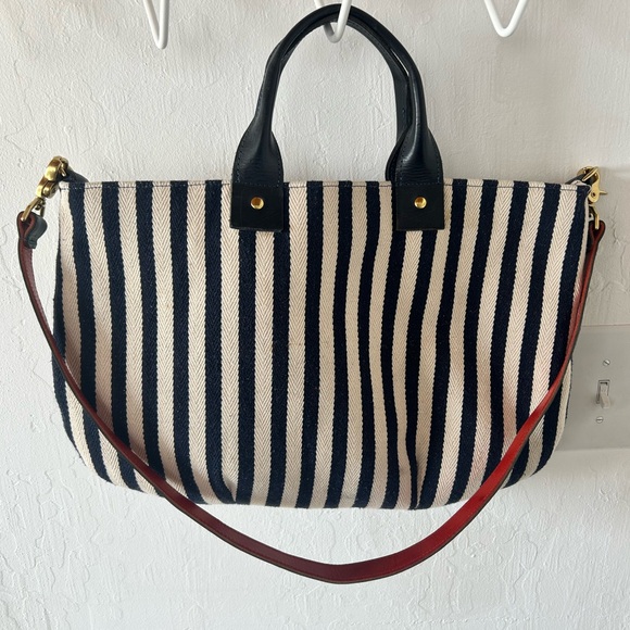 Clare V Canvas Messenger bag in navy and cream stripe. - Picture 7 of 10